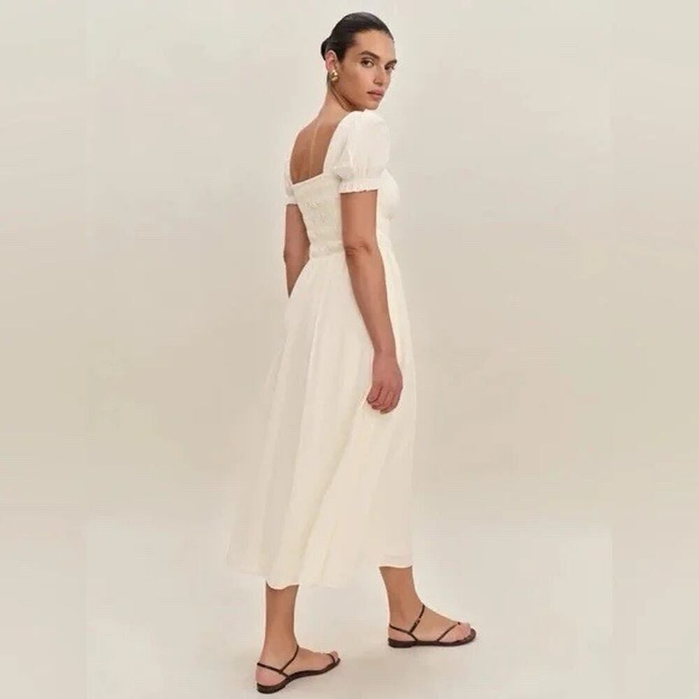 Reformation Miel Dress Ivory Puff Sleeve Smocked Midi Cottagecore Size 2 - Picture 4 of 10